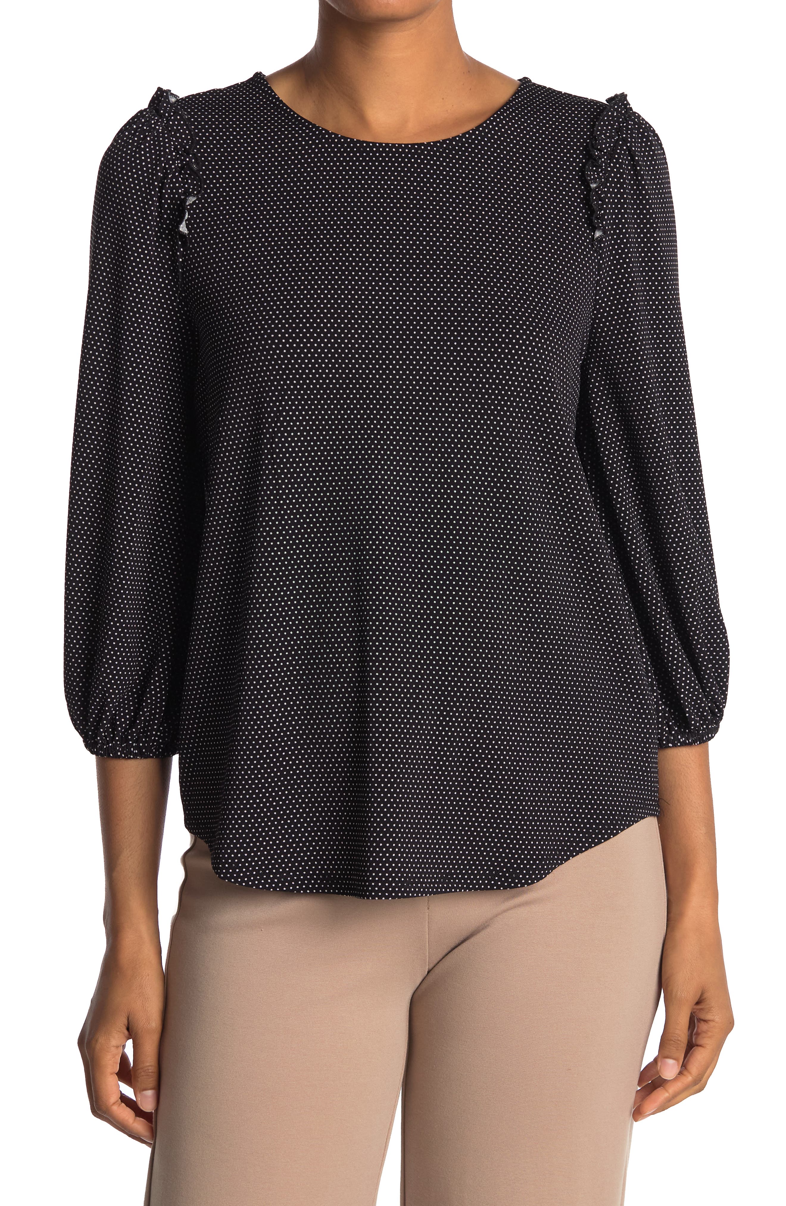 Adrianna Papell Ruffle Shoulder 3/4 Sleeve Moss Crepe Top In Bilitledot