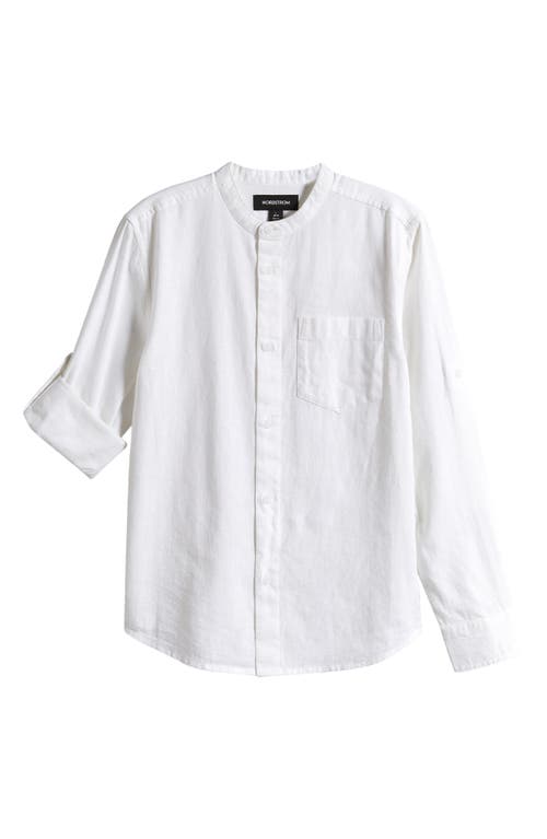 Nordstrom Kids' Band Collar Linen & Cotton Button-Up Shirt White at