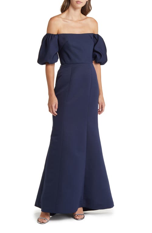 Fai Off the Shoulder Puff Sleeve Mermaid Gown in Navy