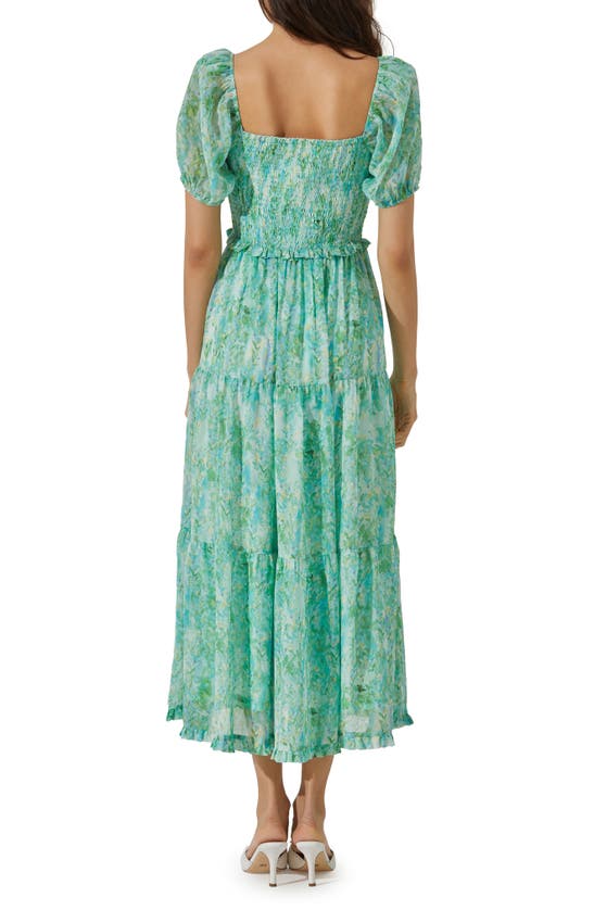 Shop Astr Floral Bustier Bodice Tiered Midi Dress In Green Blue Multi Floral