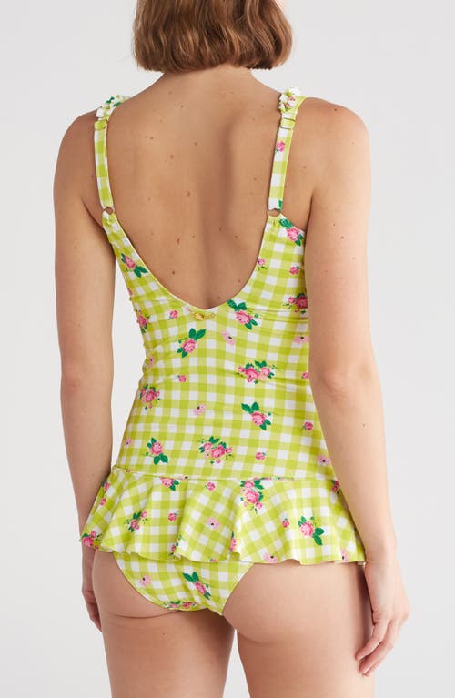 Shop Betsey Johnson Skirted One-piece Swimsuit In Gingham Floral