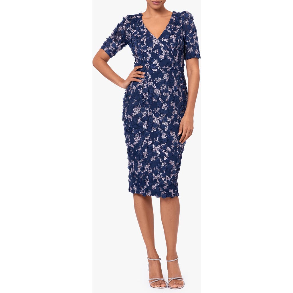 Xscape Evenings Embroidered Floral Sheath Midi Dress In Navy/blush