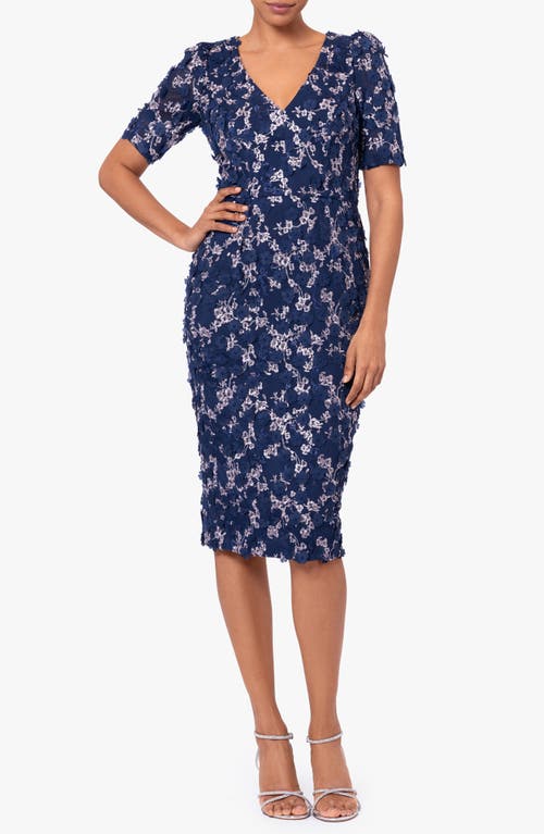 Shop Xscape Evenings Embroidered Floral Sheath Midi Dress In Navy/blush