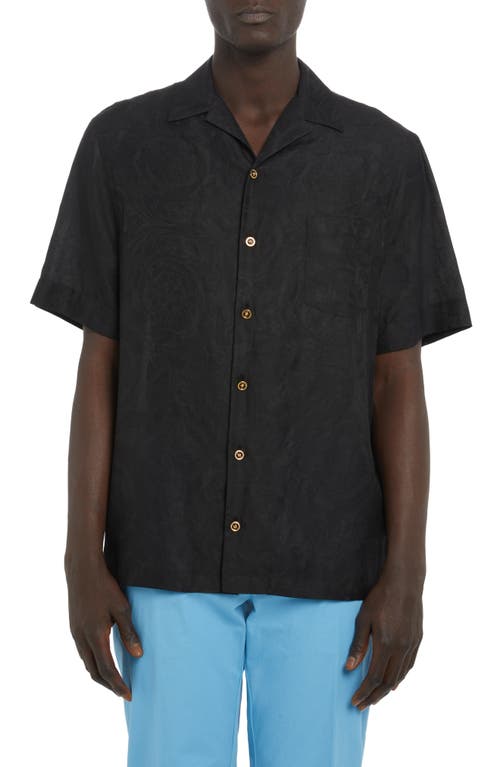 Versace Barocco Silhouette Jacquard Short Sleeve Button-Up Camp Shirt in 1B000-Black at Nordstrom, Size 40 Us