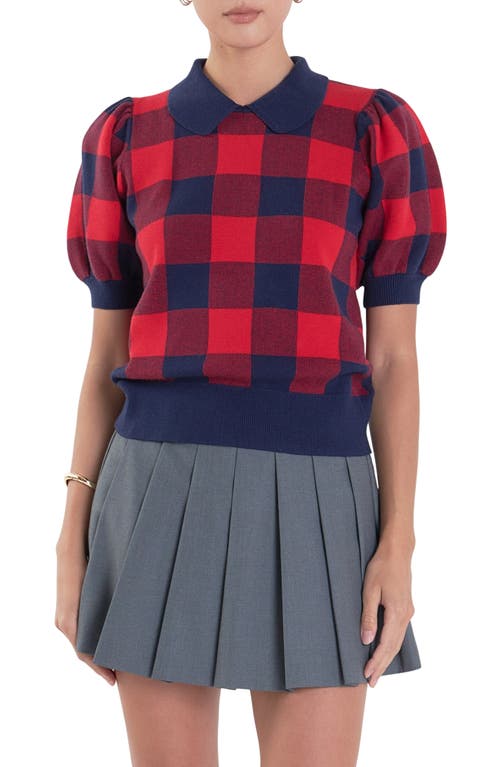 English Factory Gingham Puff Sleeve Sweater In Navy/red