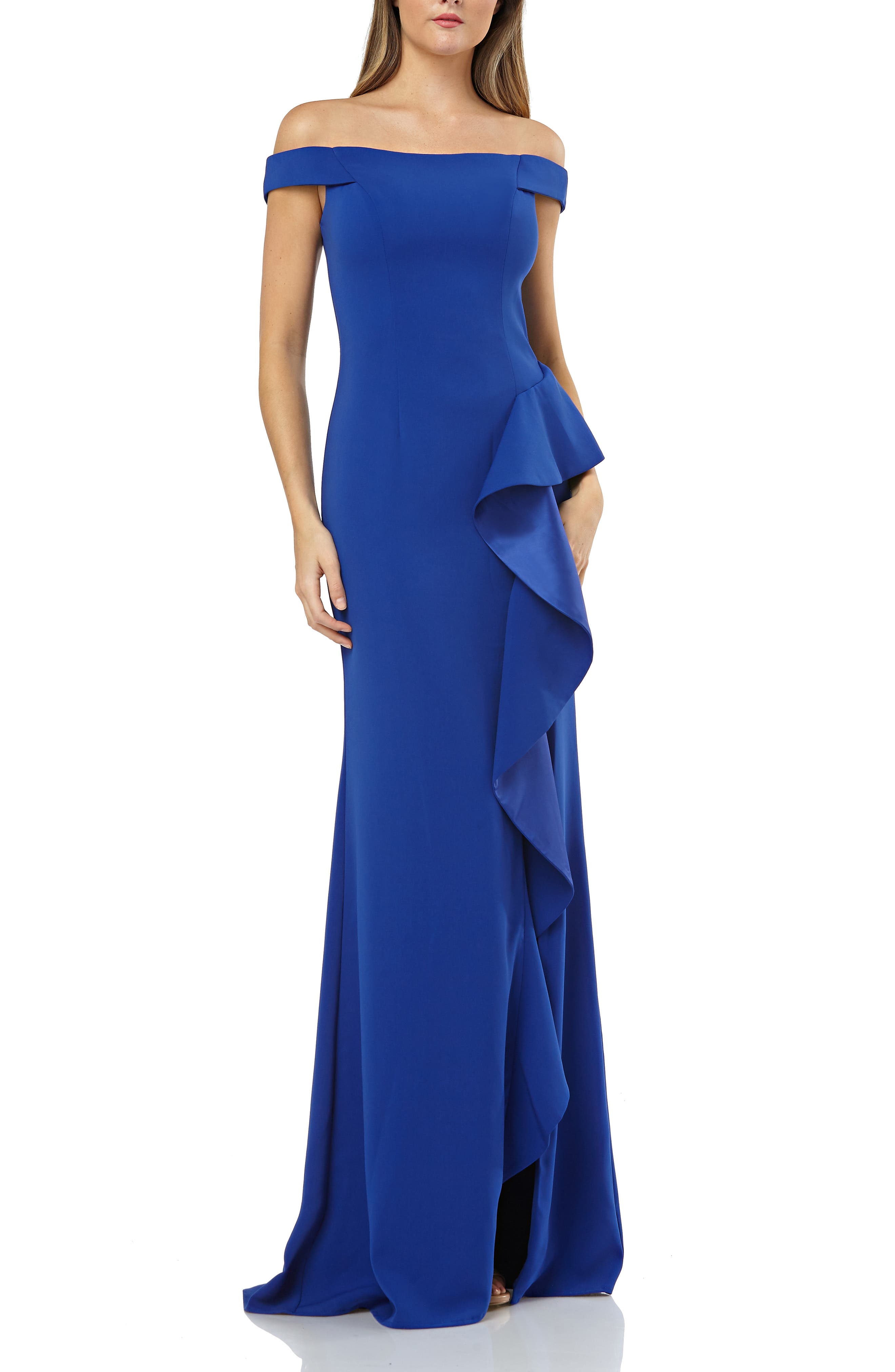 Carmen Marc Valvo Infusion Ruffle Off The Shoulder Gown, Blue