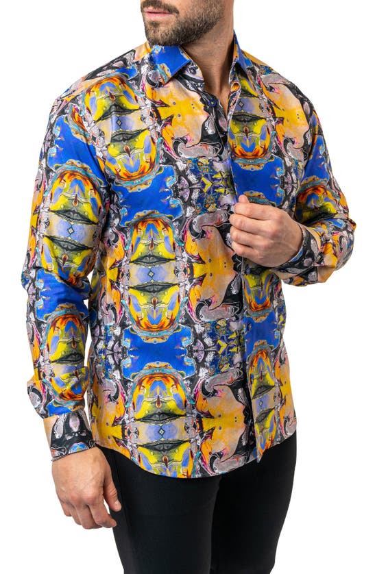 Shop Maceoo Fibonacci Acid Trip Contemporary Fit Button-up Shirt In Blue