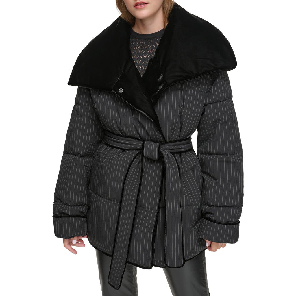 Andrew Marc Krithia Pinstripe Belted Puffer Coat In Black