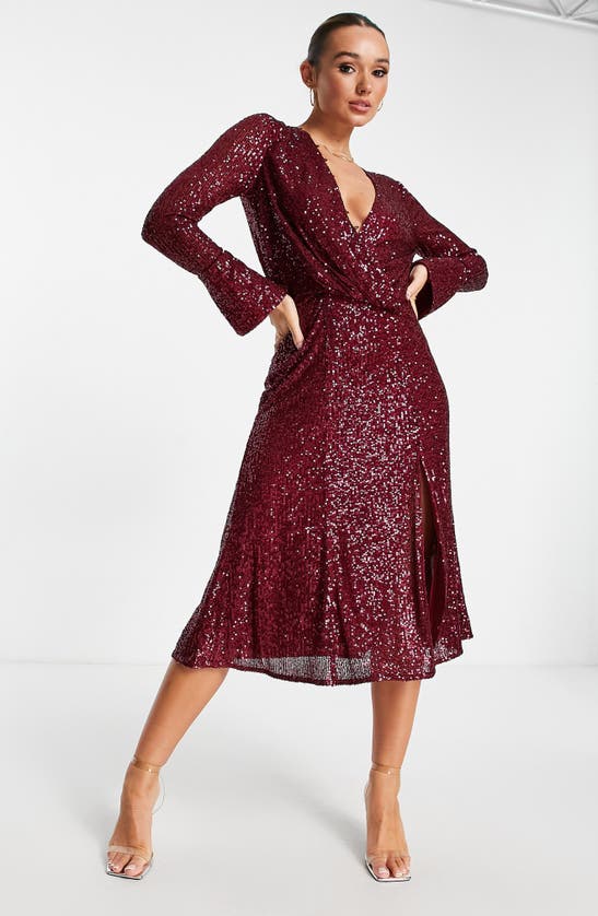 Asos Design Sequin Wrap Front Long Sleeve Dress In Burgundy | ModeSens Asos Design Sequin Wrap Front Long Sleeve Dress In Burgundy | ModeSens