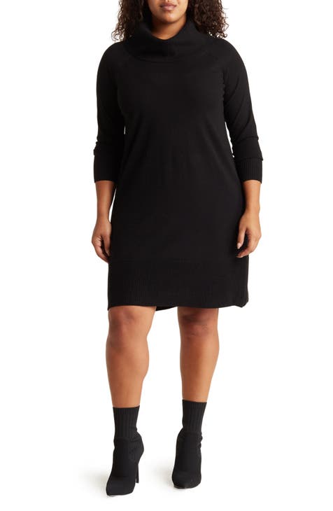 Cowl Neck Long Sleeve Sweater Dress (Plus)