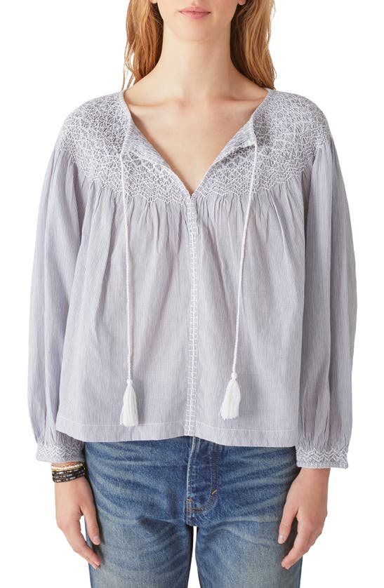 LUCKY BRAND STRIPE SMOCKED PEASANT TOP