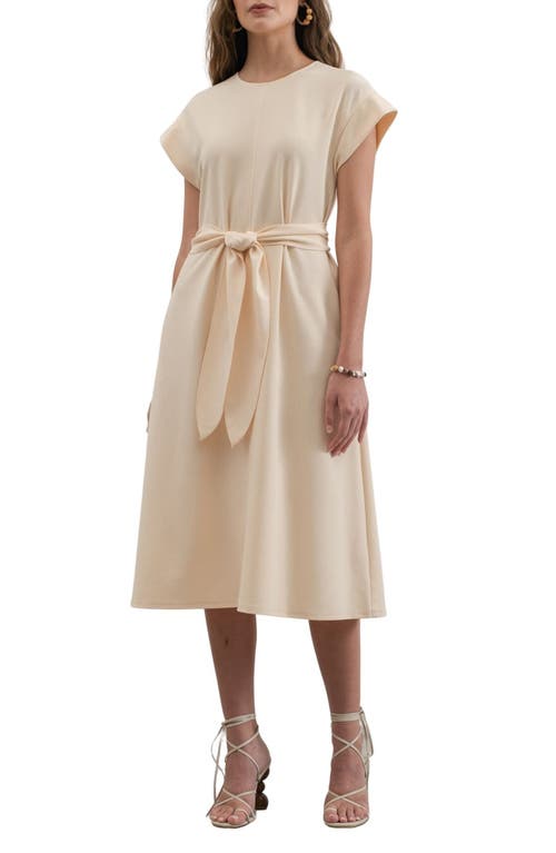 Tie Waist Short Sleeve Knit Midi Dress in Cream