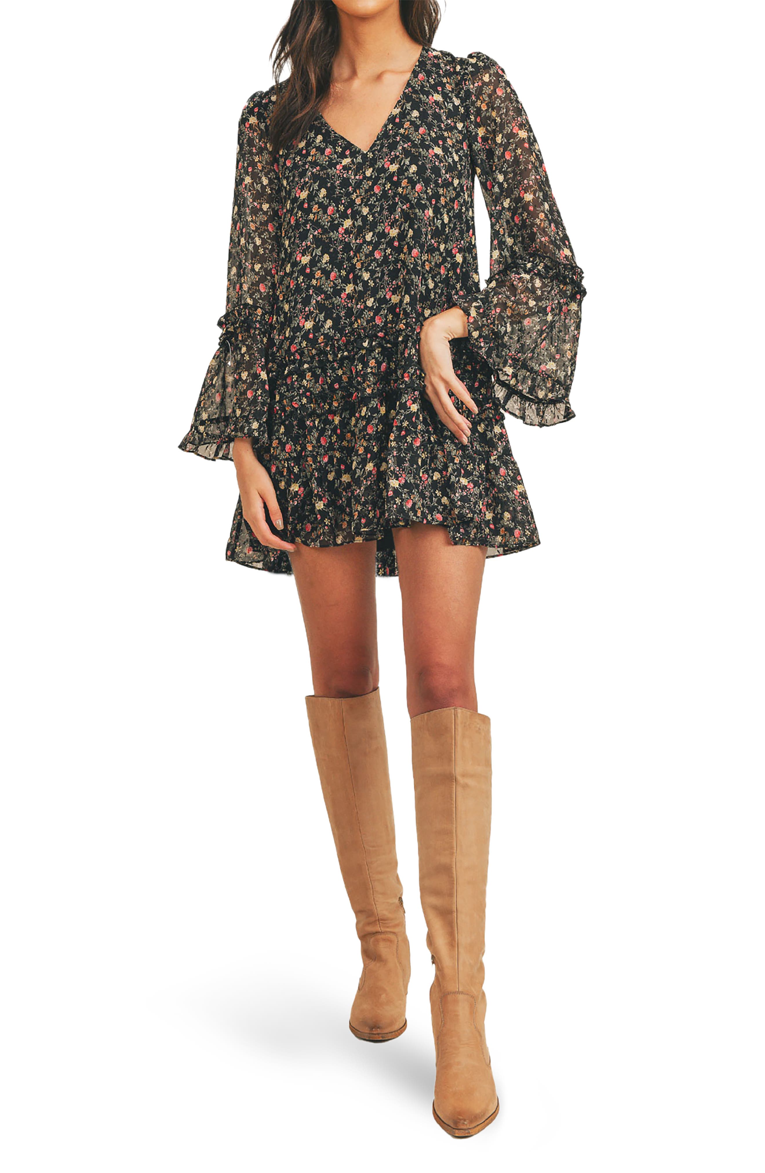 Lush Floral Bell Sleeve Mini Dress In ...