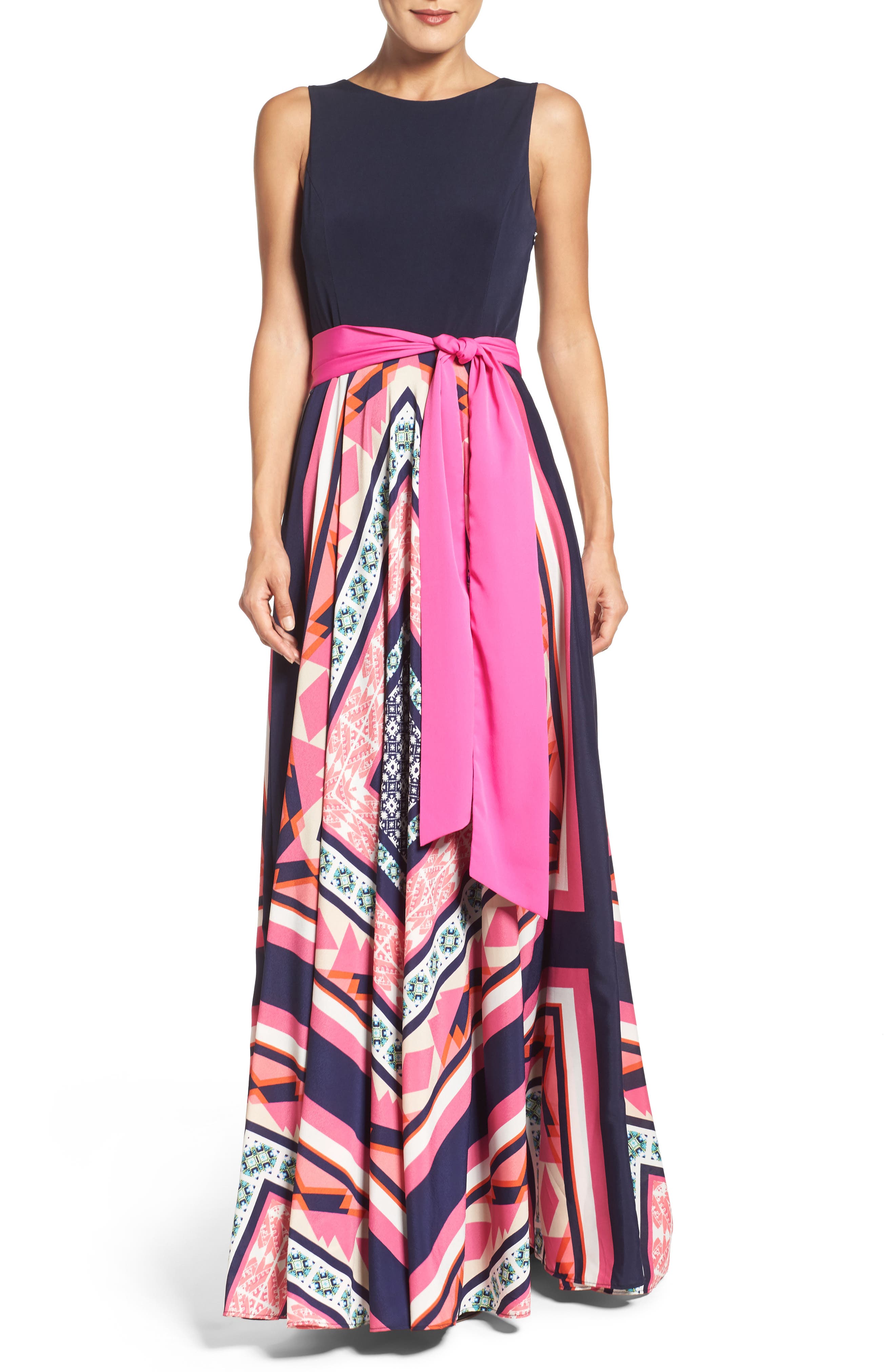 eliza j scarf print jersey & crêpe de chine maxi dress