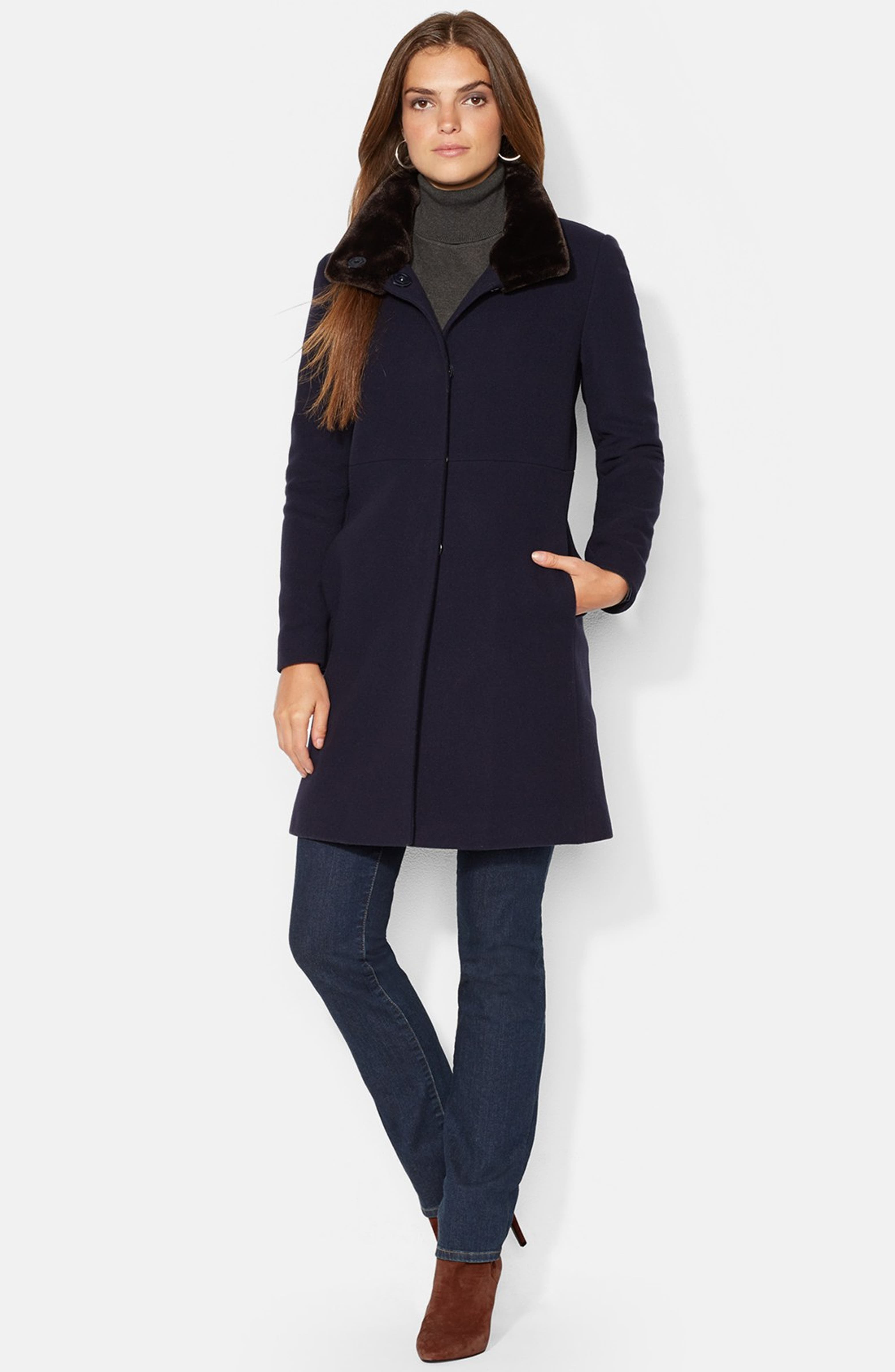 Lauren Ralph Lauren Faux Fur Trim Wool Blend Coat | Nordstrom