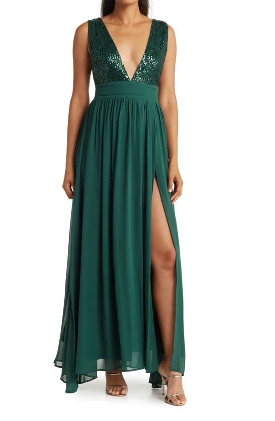 Love By Design Daphne Sequin Top V-plunge Maxi Dress In Green