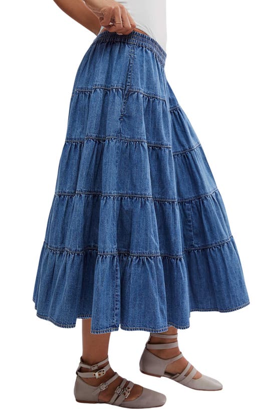 Shop Free People Chambray Tiered Midi Skirt In Cool Blue