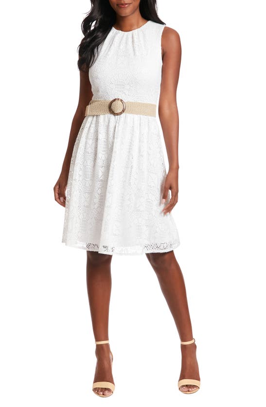 Shop London Times Lace Sleeveless Belted Fit & Flare Dress In White