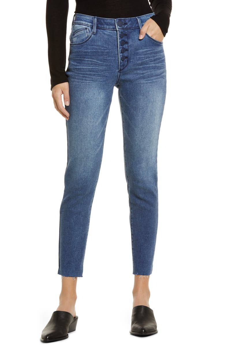 WIT & WISDOM Ab-Solution Exposed Button Raw Hem Slim Jeans, Main, color, BLUE