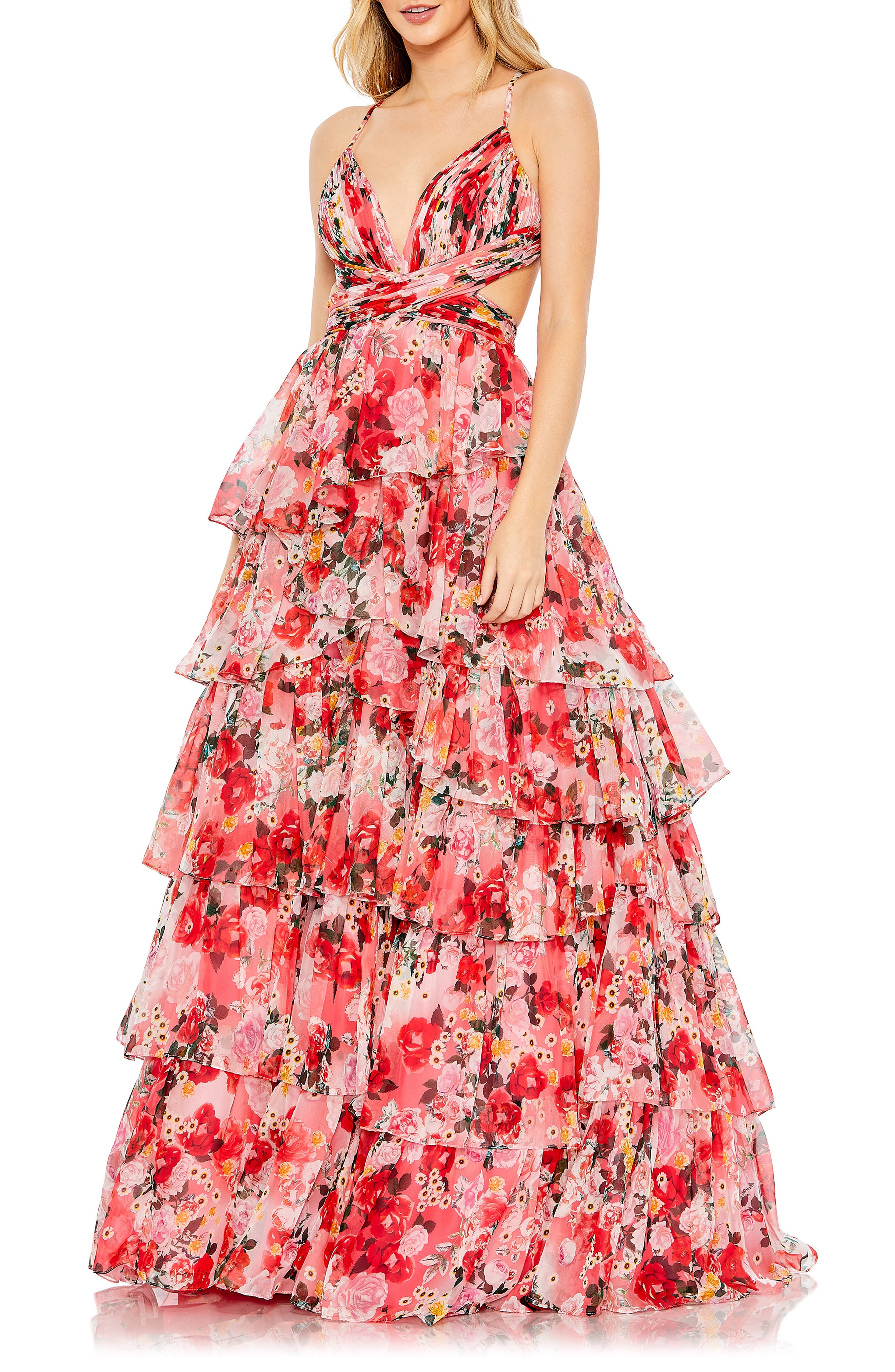 floral chiffon cutout ball gown