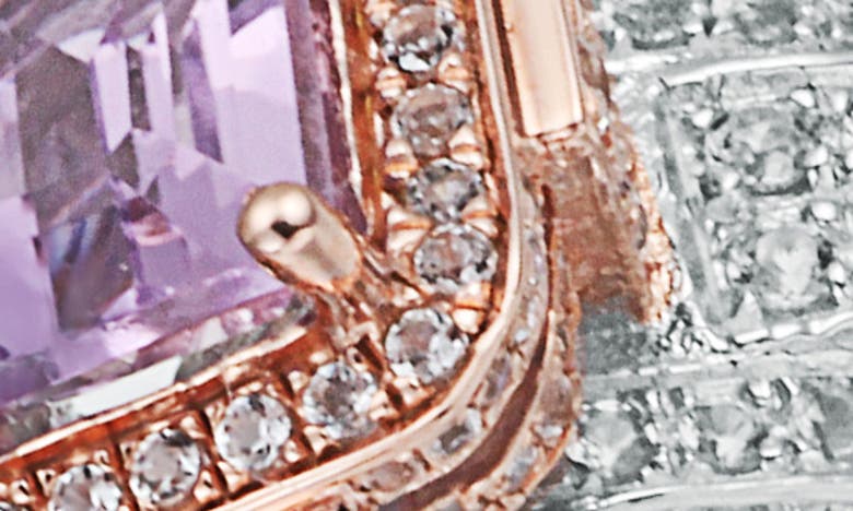 Suzy Levian Two-tone Emerald Cut Semiprecious Stone & White Topaz Halo Ring In Pink