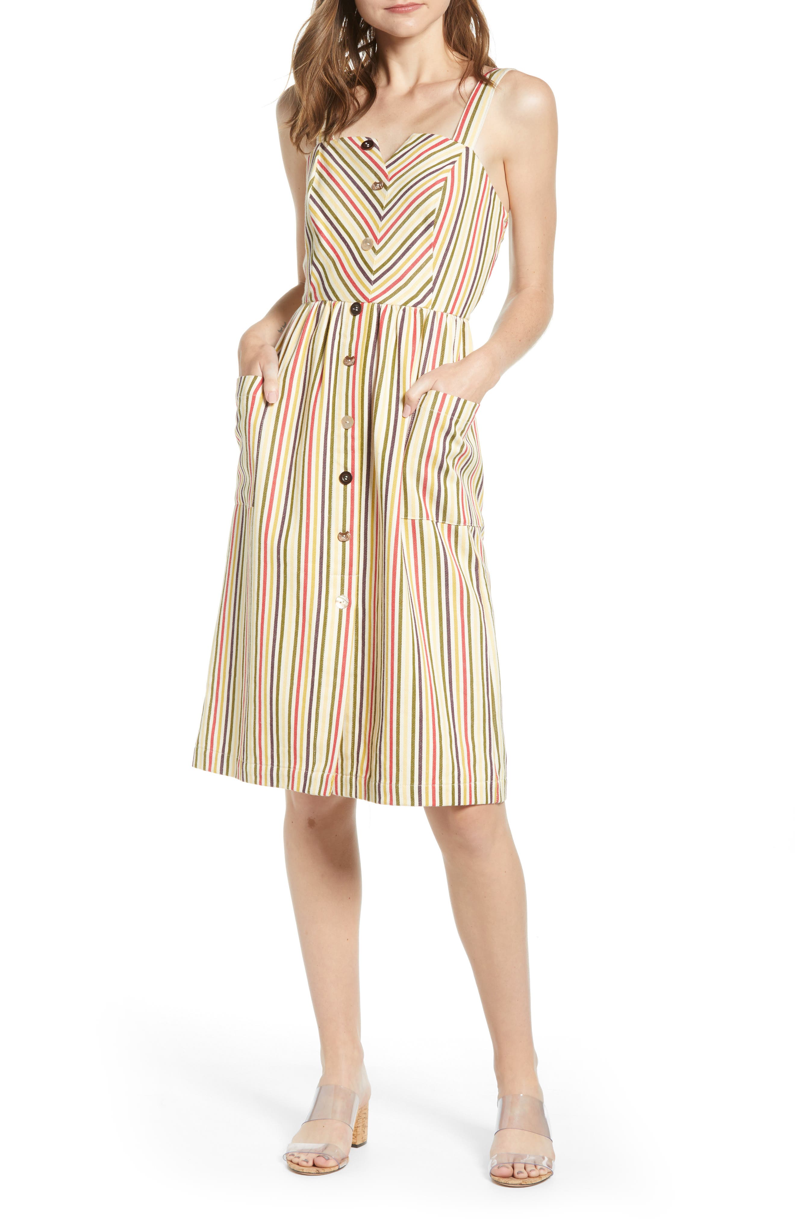 Moon River Stripe Button Front Sundress, Ivory