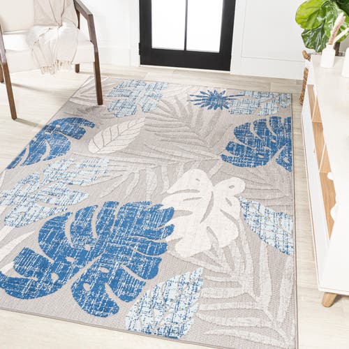 Jonathan Y Monstera Tropical Leaf High-low Indoor/outdoor Area Rug In Light Gray/navy