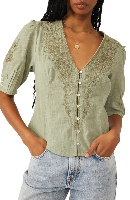 Free People Laurie Embroidered Blouse In Green Tea Leaves