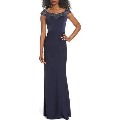 La Femme Beaded Bateau Neck Gown, Blue