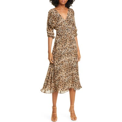 Nicholas Leopard Print Belted Silk Midi Dress, Brown