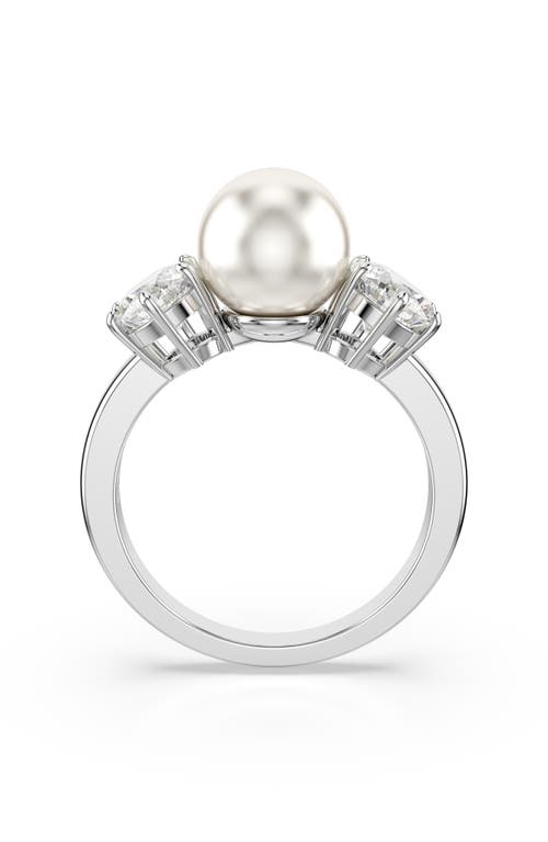 Swarovski Matrix Crystal & Imitation Pearl Cocktail Ring In Rhodium Plated In Silver/white