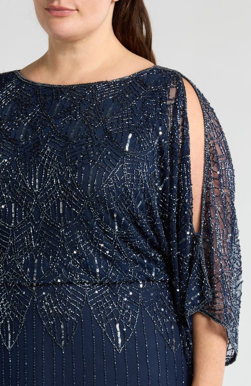 Pisarro Nights Beaded Cold Shoulder Blouson Gown In Navy 410