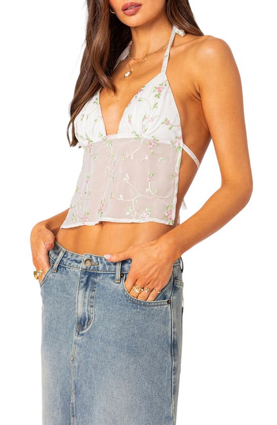 EDIKTED EDIKTED EMBROIDERED FLORAL OPEN BACK CROP HALTER TOP