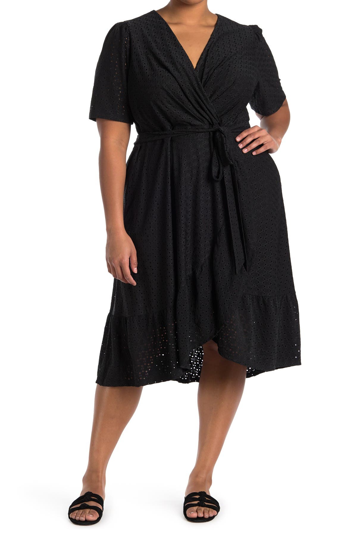 London Times Embroidered Ruffle Wrap Dress In Black | ModeSens