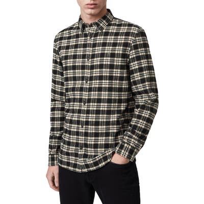 Allsaints Ridgewood Regular Fit Plaid Flannel Button-Up Shirt, Black