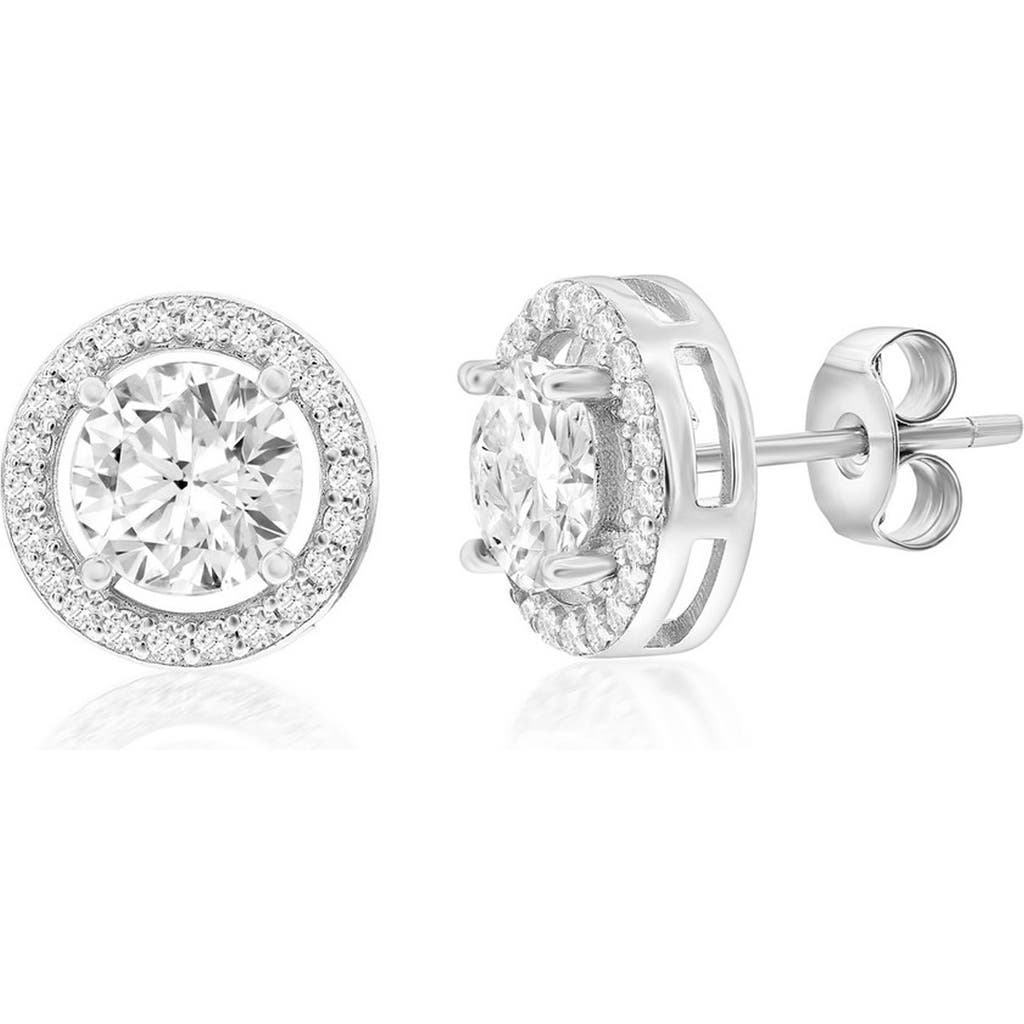 Simona Sterling Silver Round Cubic Zirconia Halo Stud Earrings In Silver