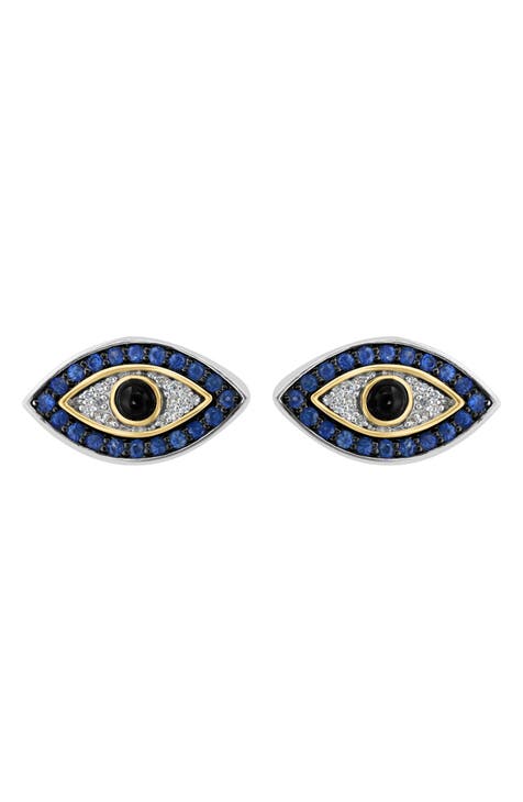 Sterling Silver & 14K Gold Diamond, Sapphire & Onyx Evil Eye Stud Earrings - 0.09ct.