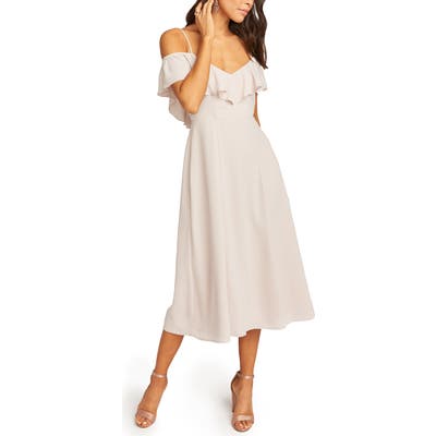Show Me Your Mumu Camilla Ruffle Neck Midi Dress, Beige