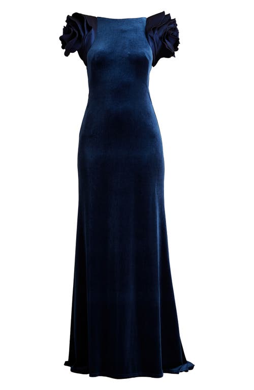 Tadashi Shoji Maylee Rosette Shoulder Velvet Gown In Navy In Navy