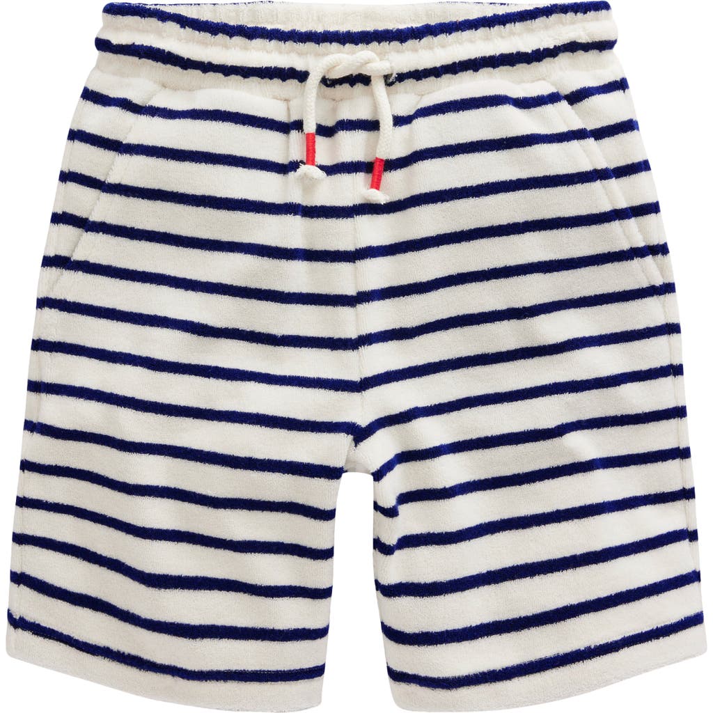 Mini Boden Kids' Stripe Appliqué Shark Terry Cloth Shorts In Greek Blue/ivory Stripe