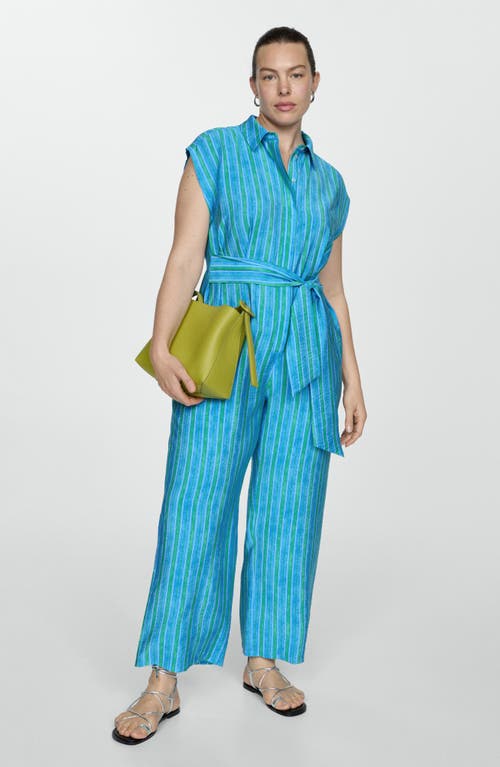 Shop Mango Moraima Belted Stripe Jumpsuit In Blue