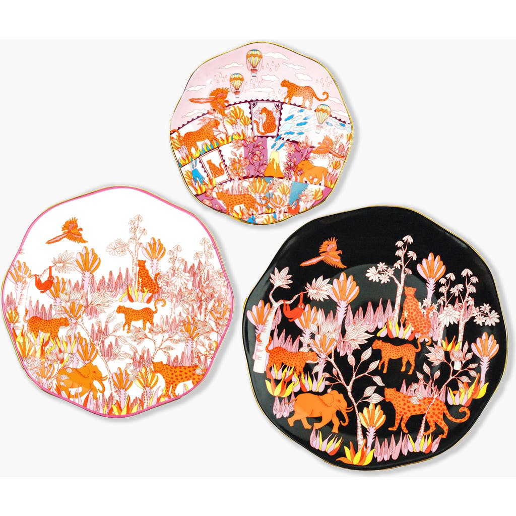 Jessie Zhao New York Travel Around World Bone China Plates, Set Of Three In Orange/black