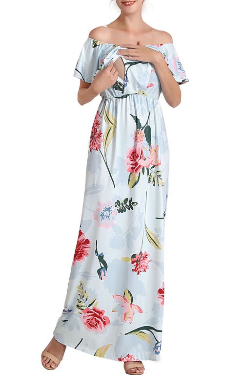 Kimi And Kai Deya Floral Off The Shoulder Maternity/nursing Maxi Dress In Blue Multicolored