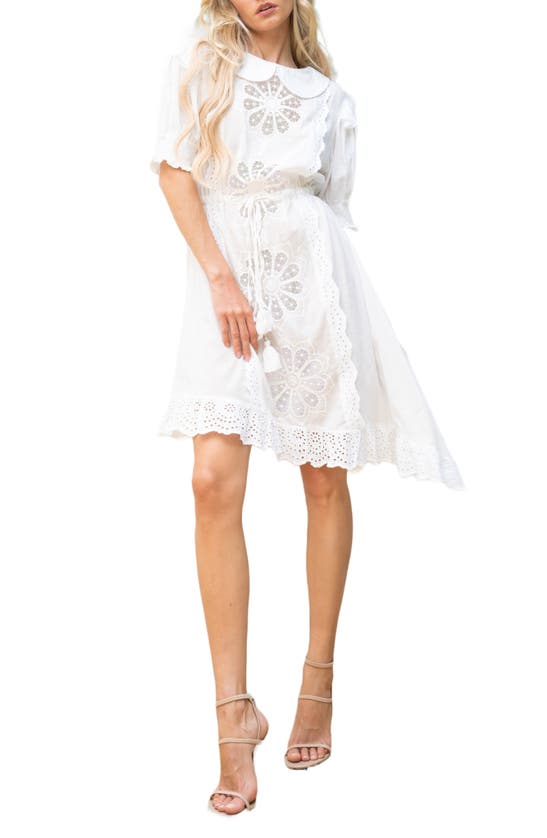 Barok Paris Peter Pan Tie Waist Eyelet Dress In White