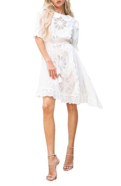 BAROK PARIS Peter Pan Collar Tie Waist Eyelet Dress in White