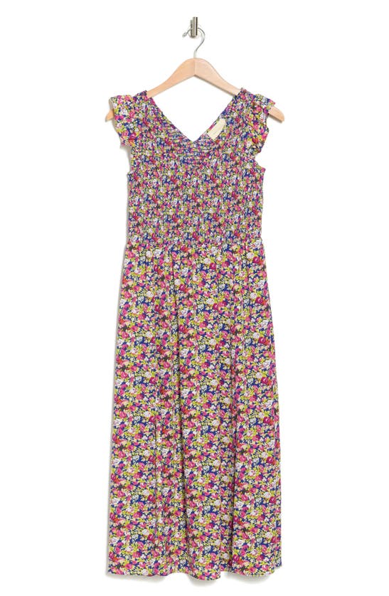 Melloday Smocked Cap Sleeve Dress In Multi Floral