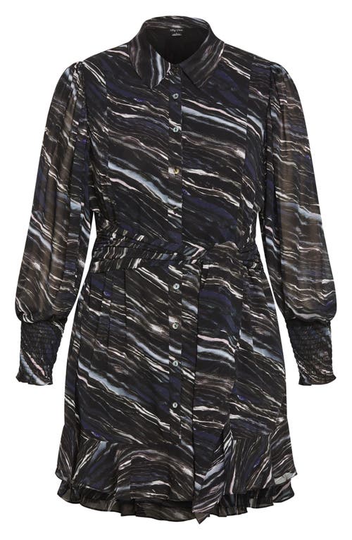 City Chic Lover Stripe Semisheer Long Sleeve Flounce Hem Shirtdress In Marble