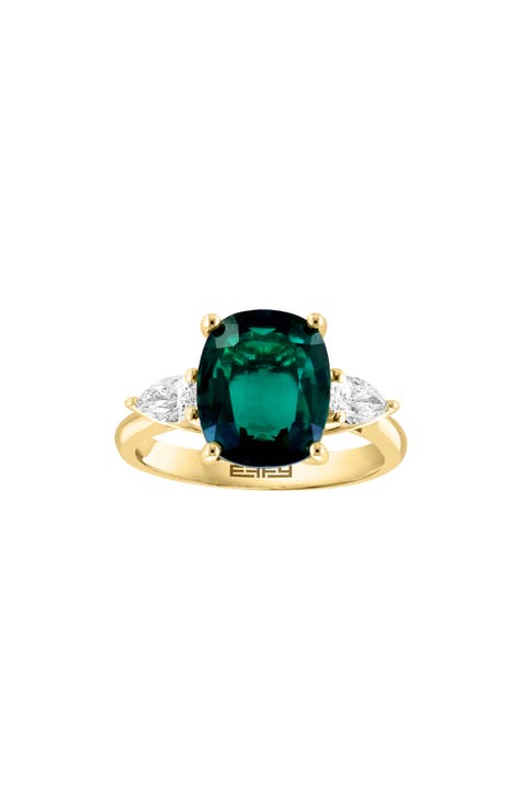 14K Yellow Gold Lab Created Emerald & Lab Created Diamond Ring - 0.46ct. - Size 7