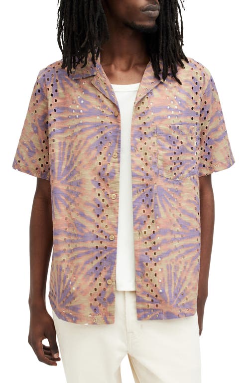AllSaints Yucca Embroidered Camp Shirt Pastel/Sepia Brown at Nordstrom,