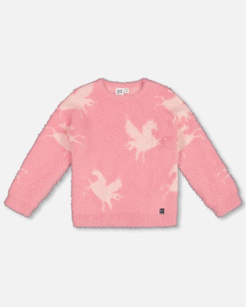 Shop Deux Par Deux Girl's Jacquard Unicorn Sweater Hairy Knit Pink In Mauve Glow